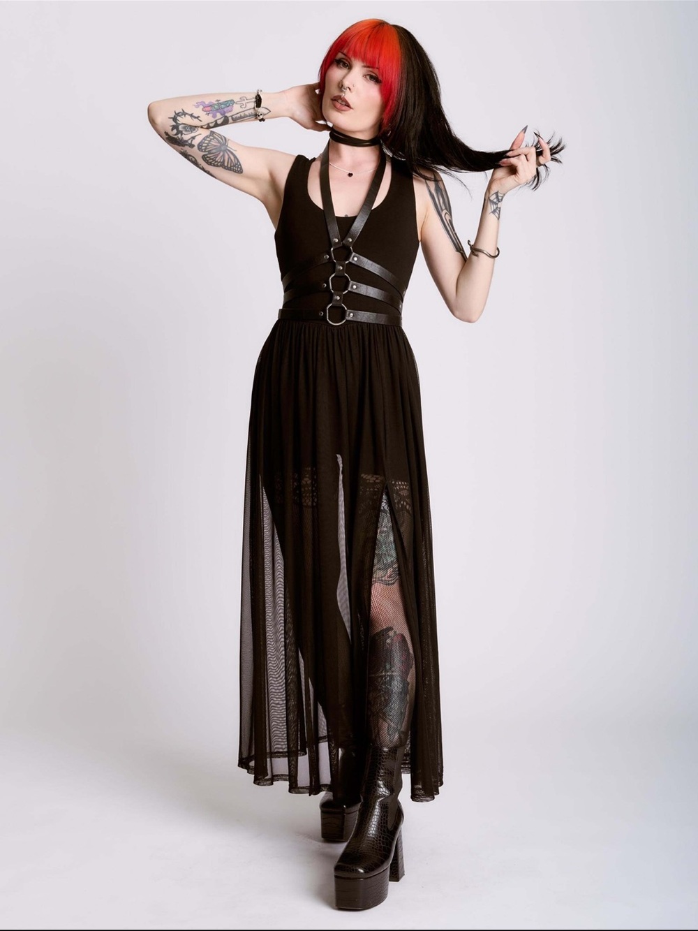 Black Gothic Mesh Maxi Dress Romper